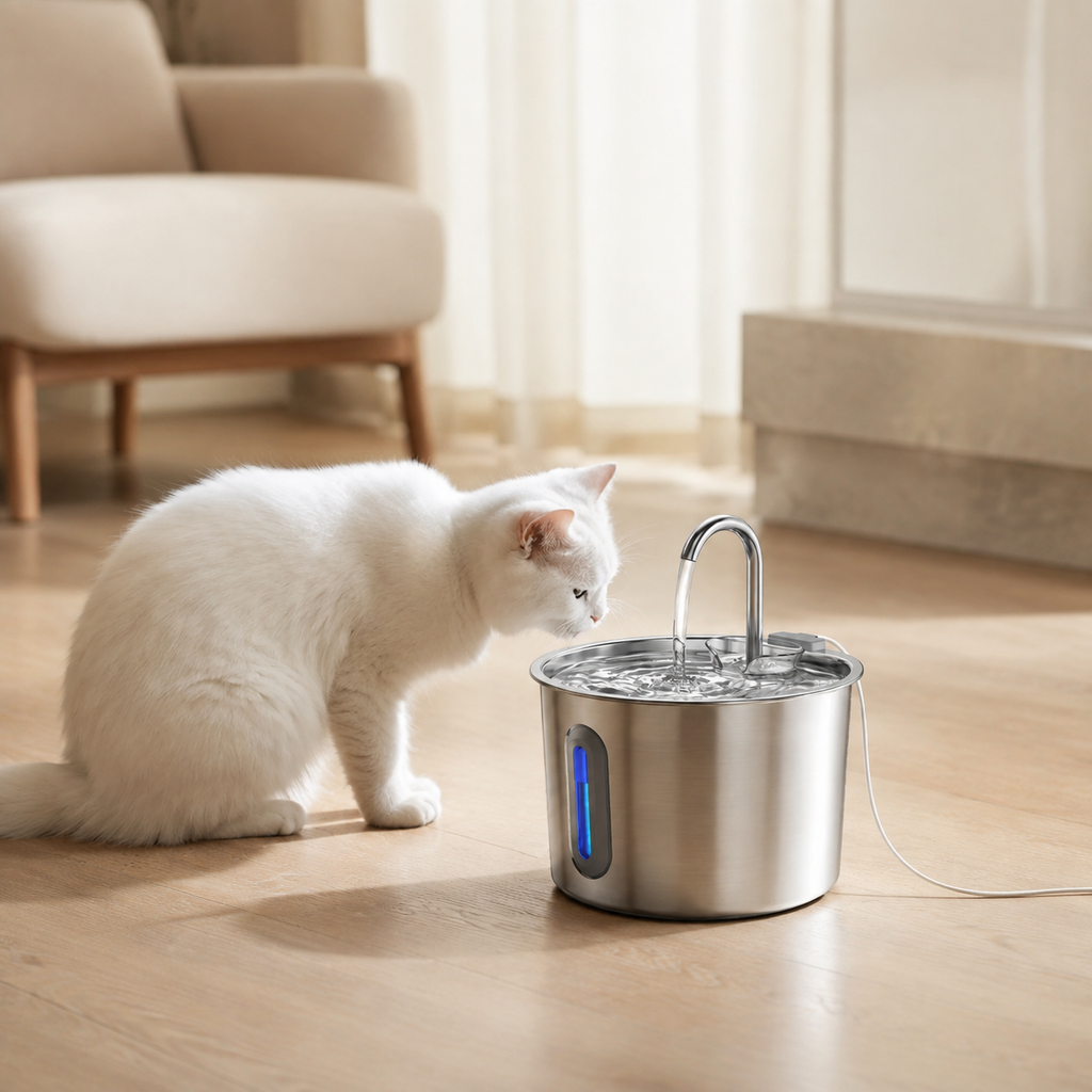 Automatischer Trinkbrunnen für Katzen in minimalistischer Wohnkulisse